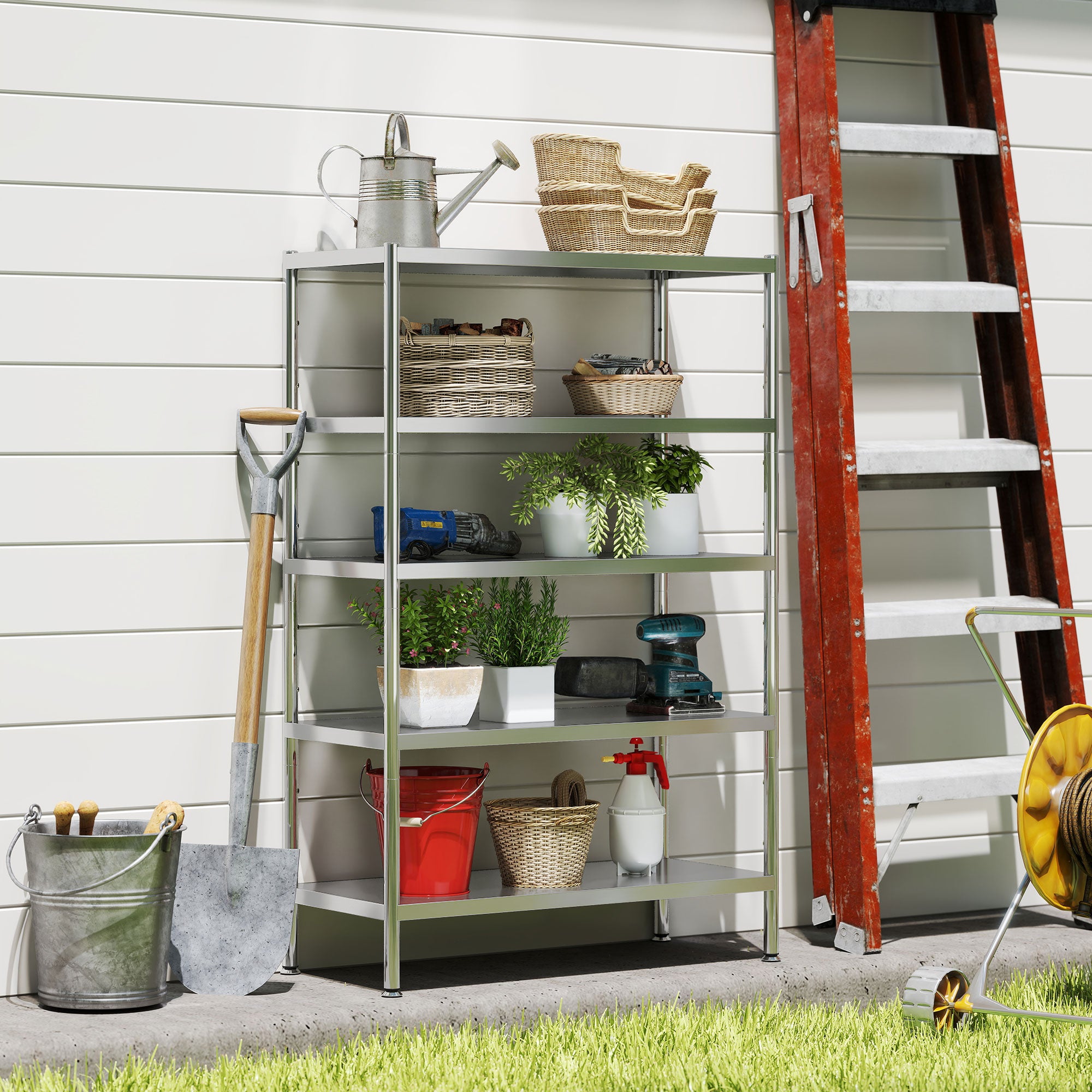 Scaffale da Cucina a 5 Livelli Regolabili 91x40x139 cm in Acciaio Inox Argento