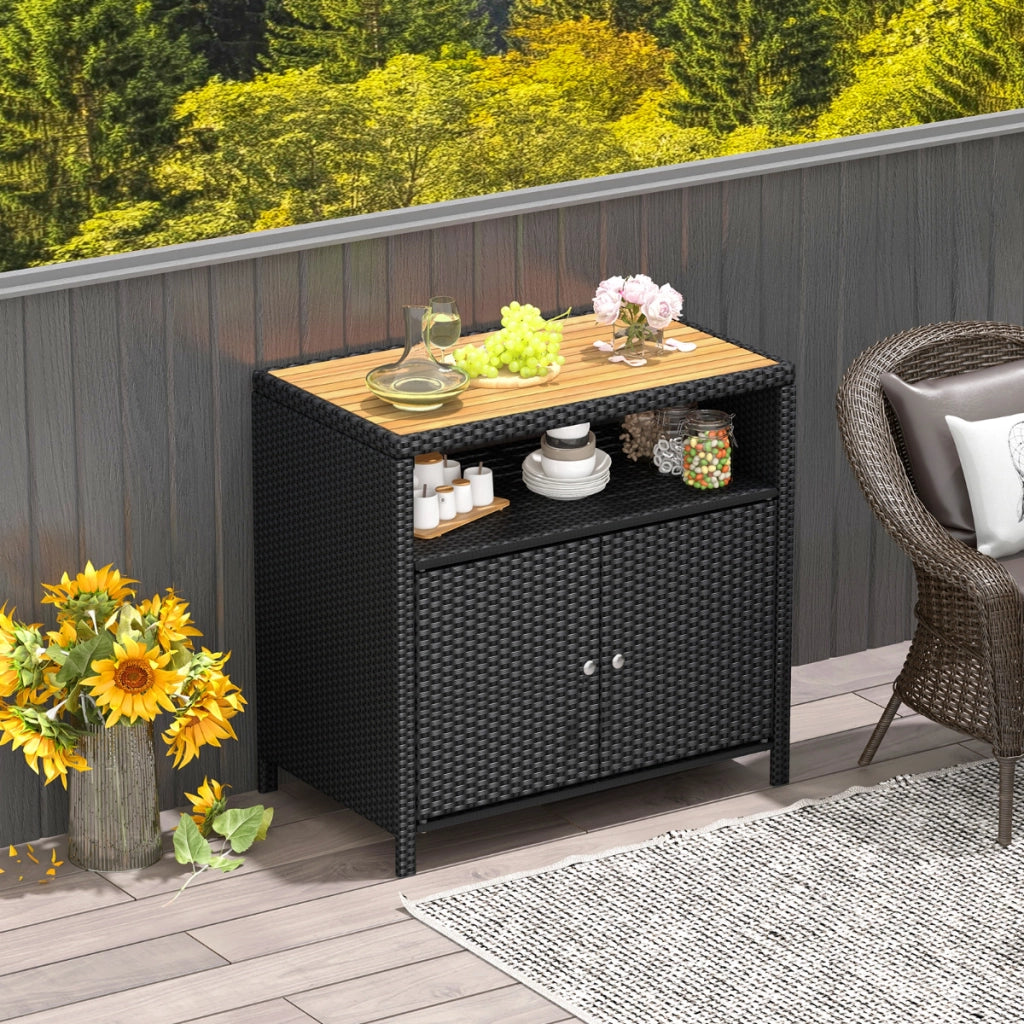 Armadietto portaoggetti in rattan con piano in legno di acacia-Mobile buffet per esterni con armadio a 2 ante Nero