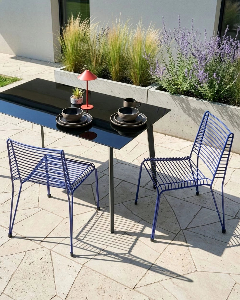 Set di 2 sedie da giardino con telaio in acciaio blu impilabili da esterno per patio stile moderno
