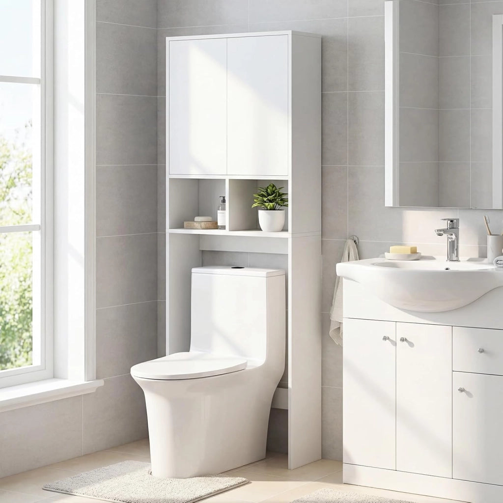 Mobile Bagno Sopra WC, Mobiletto Bagno Salvaspazio da Terra con 2 Ante, 2 Scomparti Aperti e Ripiano Regolabile, Scaffale Sopra Lavatrice per Lavanderia, 60 x 23 x 166 cm