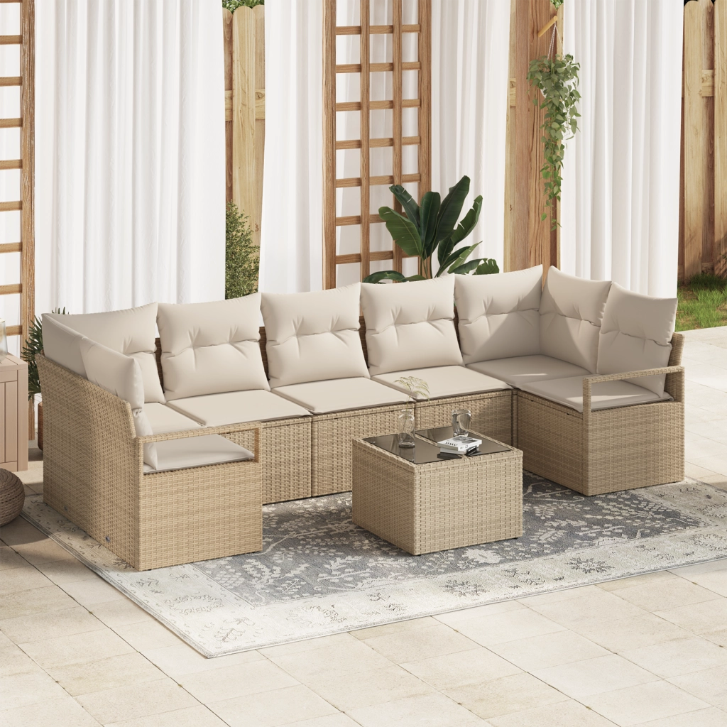 Set Divano da Giardino 8 Pezzi con Cuscini Beige in Polyrattan