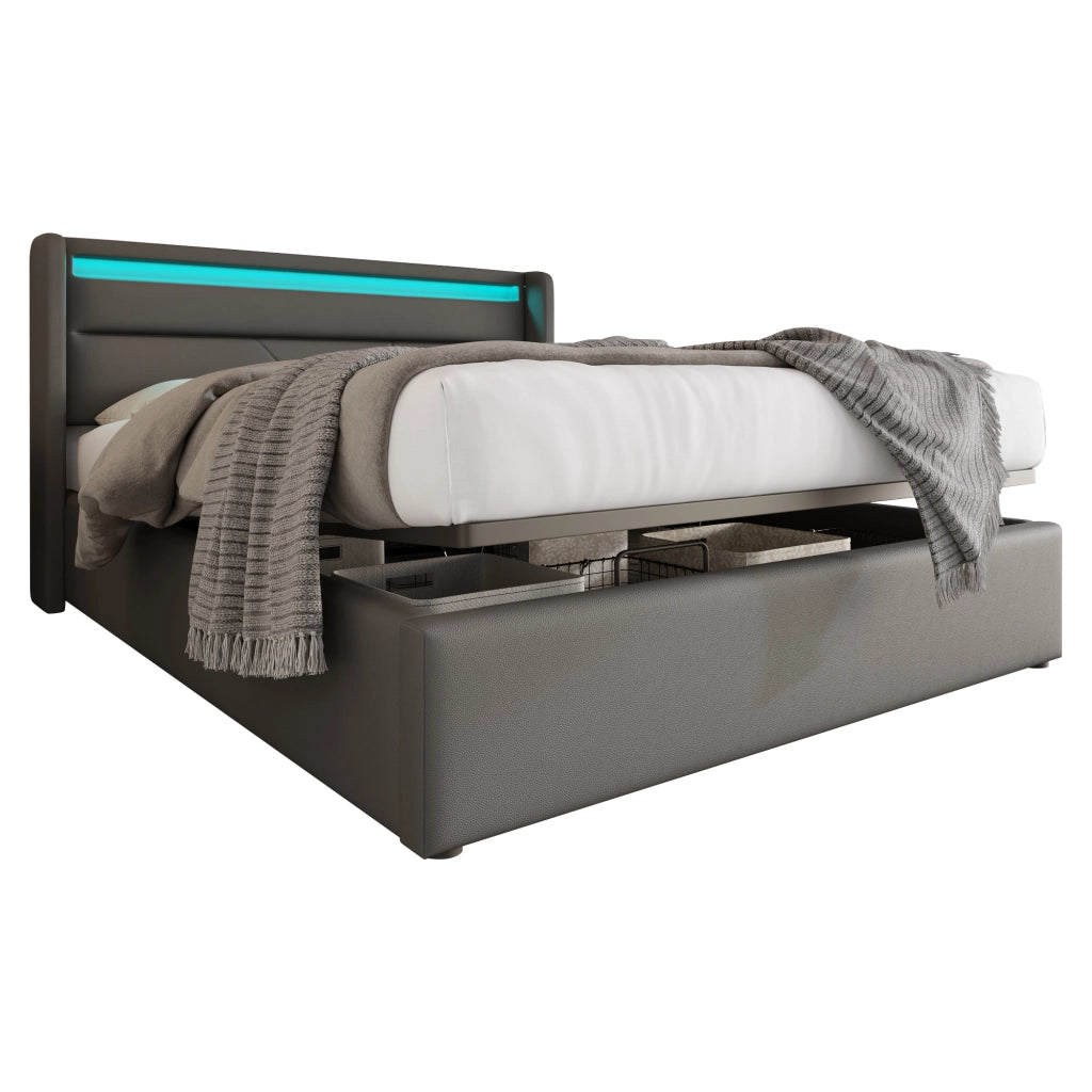 OKWISH Letto Contenitore 160×200 cm, Letto Matrimoniale con Luce LED Regolabile, Telecomando e Sollevamento Idraulico, senza Materasso, PU, Grigio