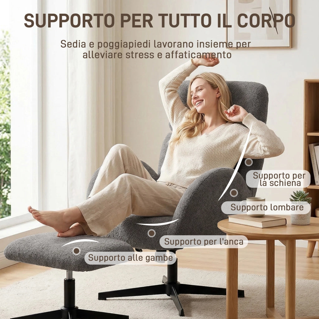 Poltrona Girevole 71x70x100-108 cm con Poggiapiedi con Poggiatesta Regolabile Funzione Dondolo in Velluto Grigio