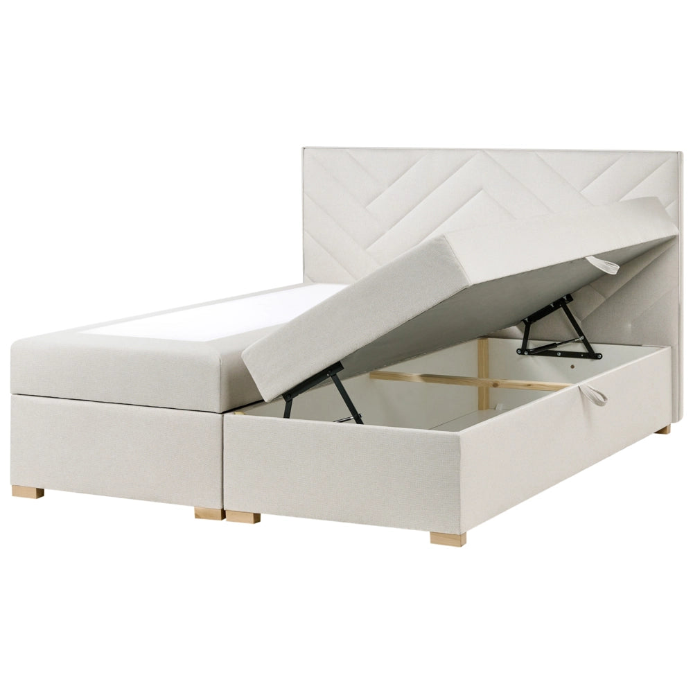 Letto contenitore in tessuto imbottito bianco sporco 180x200 cm con apertura a sollevamento continentale