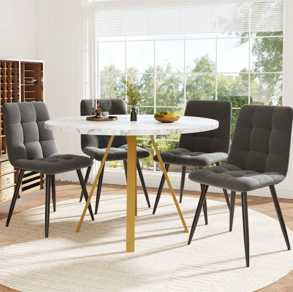 Set da pranzo 80x80x75 cm con 4 sedie; piano in MDF e gambe in ferro; bianco e oro