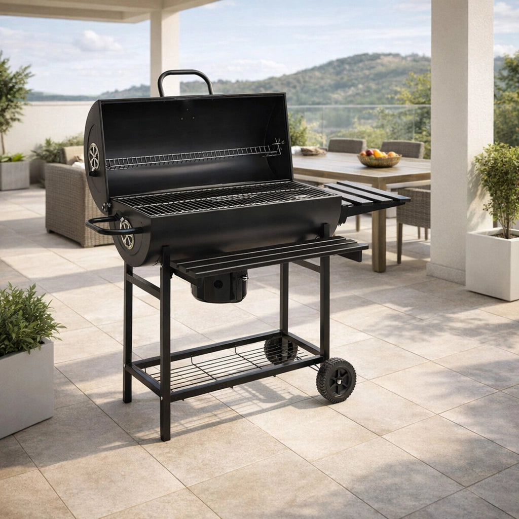 Barbecue A Carbone Con Coperchio Termometro Integrato Grill BBQ In Acciaio Con Ruote Ripiani E Ventilazione Regolabile Pinza E Guanti Ideale Per Giardino Terrazzo E Balcone 112 x 63.5 x 97 Cm Nero