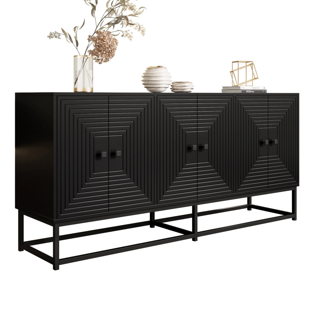 OKWISH Credenza Contenitore con 3 Vani Chiusi, Finitura Opaca e Ante in Rilievo, per Soggiorno o Ufficio, Nera, 160 × 38 × 75,5 cm