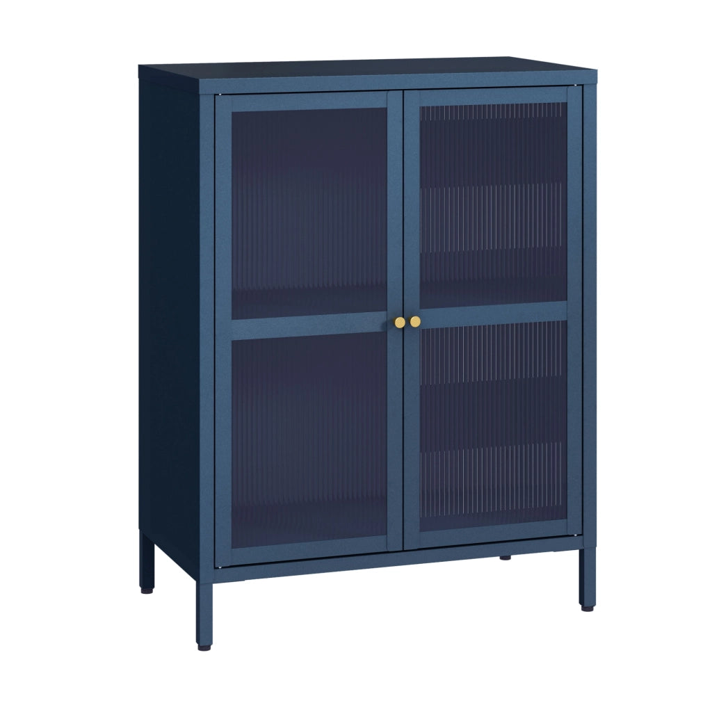 Credenza Säkylä Comò con Ante in Vetro Scanalato 84x64x35 cm Blu Marino [en.casa]