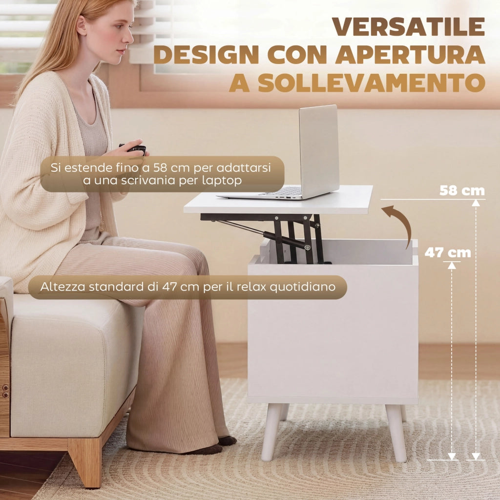 Tavolino da Caffè 75x40x58 cm con Piano Sollevabile e Spazio Nascosto Bianco Punzonato