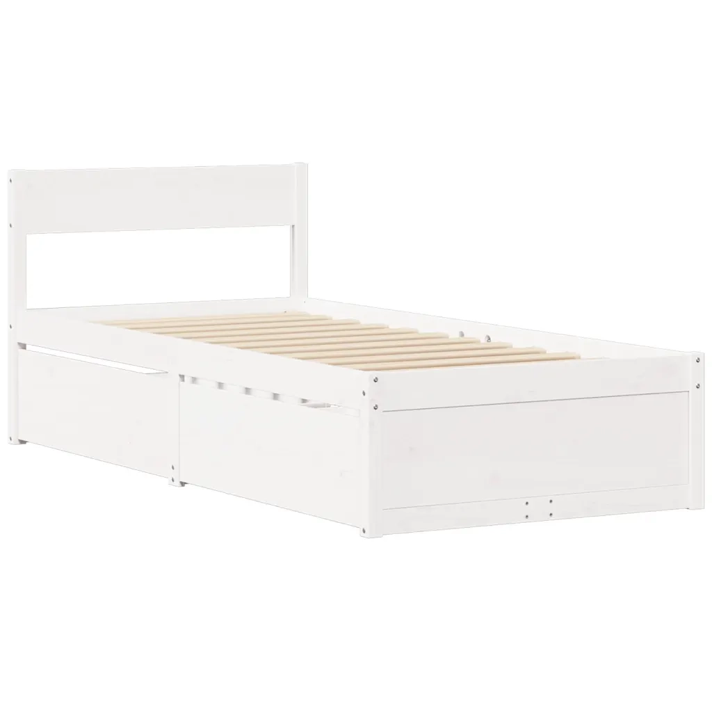 Letto Cassetti e Materasso Bianco 100x200cm Legno Massello Pino