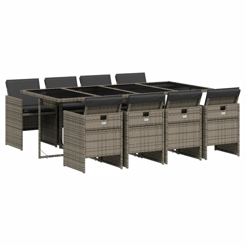 Set da Pranzo da Giardino 9 pz con Cuscini in Polyrattan Grigio