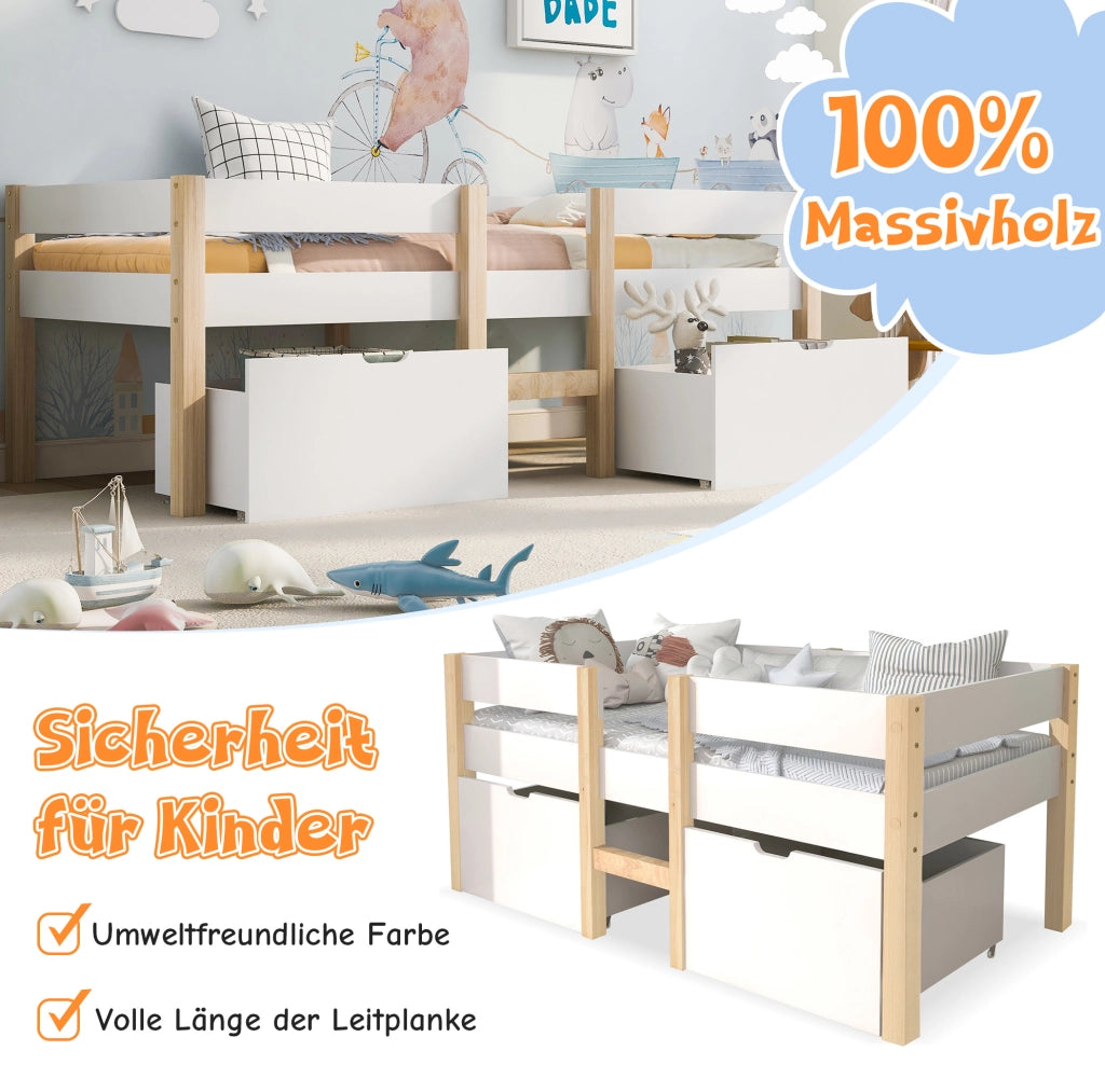 Letto semi-alto per bambini 90x200 cm con 2 cassetti bianco