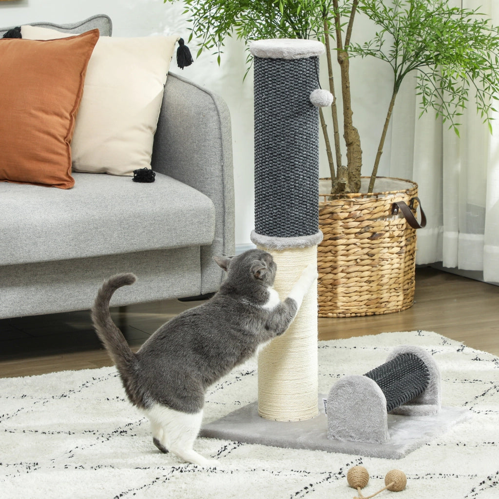 Grattatoio per Gatti in Sisal con Spazzola e Palla ¨C Zephmum ¨C Grigio e Crema 40x48x85 cm