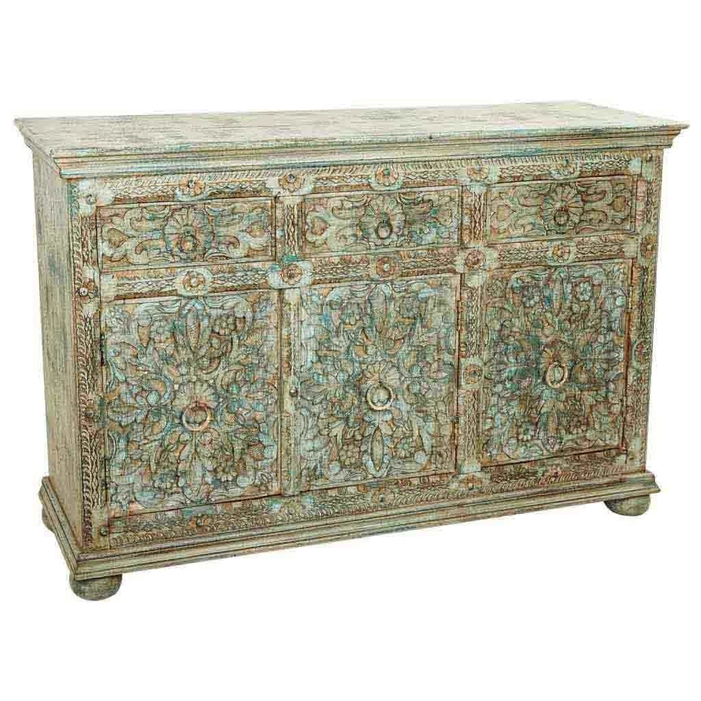 Credenza in legno intagliato verde 147x45x96h