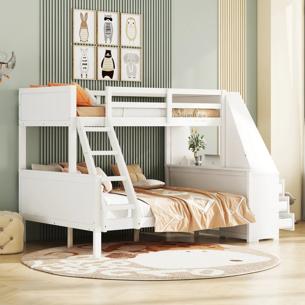 OKWISH Letto a castello 90×200 cm e 140×200 cm, Letto 3 Posti con Scrivania, Mensole e 3 Cassetti, senza Materasso, Bianco