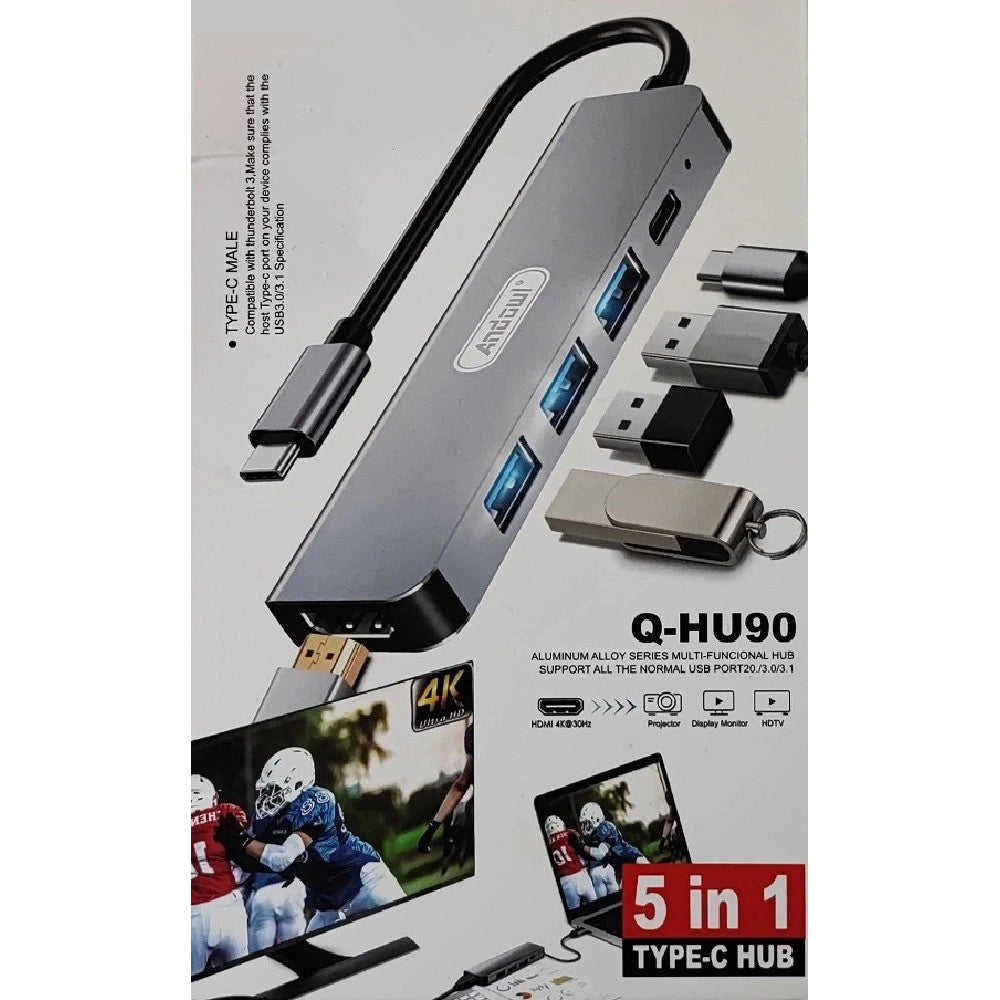 Trade Shop - Hub Usb Type-c 5 In 1 Hdmi 4k Compatibile Con Thunderbolt 3 Multifunzione Q-hu90 -