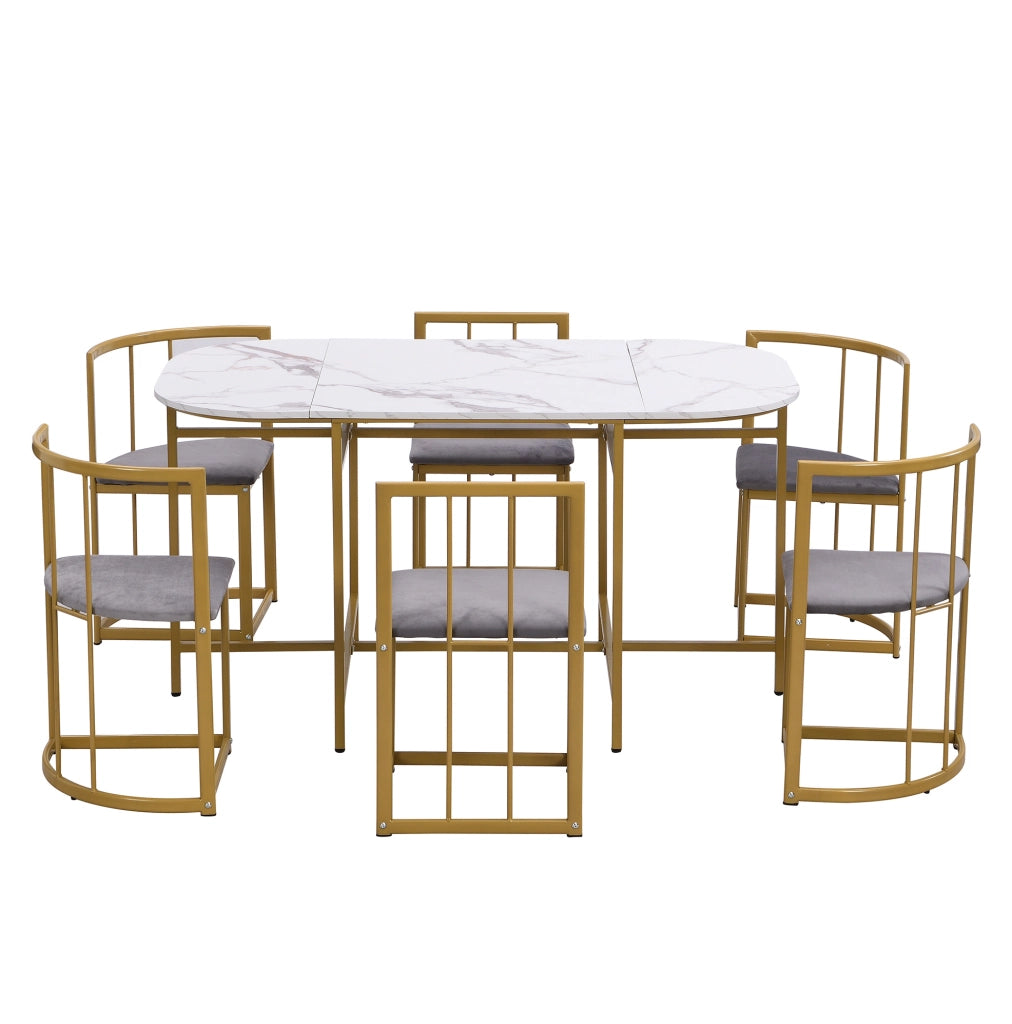 Set tavolo da pranzo; 6 sedie; struttura in ferro dorato; MDF; oro