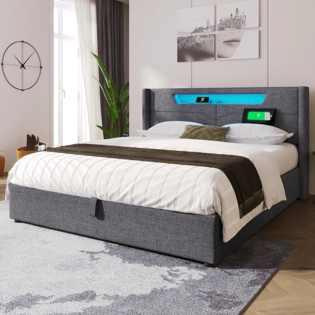 OKWISH Letto Contenitore Letto Matrimoniale, USB, Tipo C e LED, 140 x 200 cm, con Materasso, Grigio