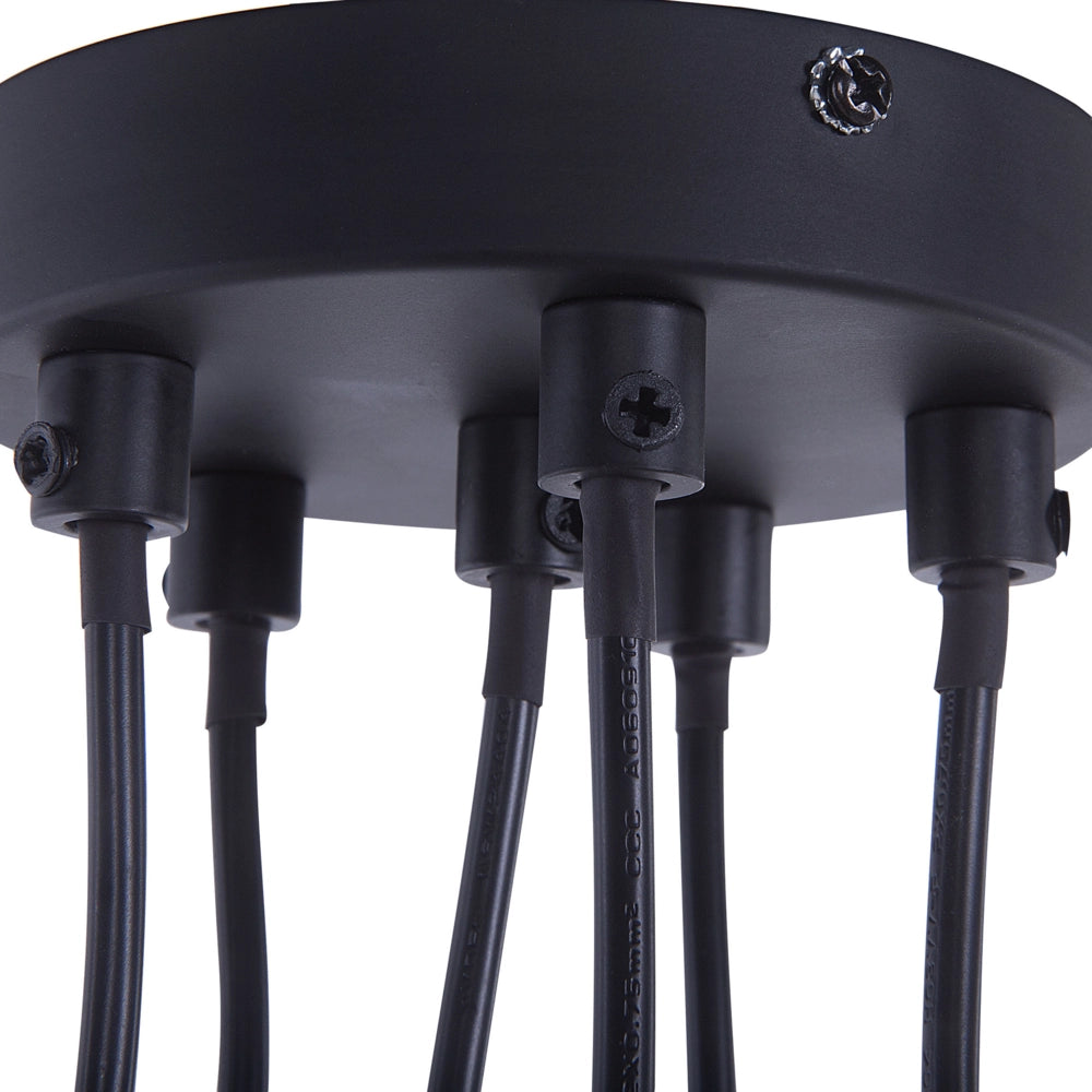 Cluster Lampada a Sospensione Metallo Nero e Legno Chiaro 6 Luci Forma Campana Moderna