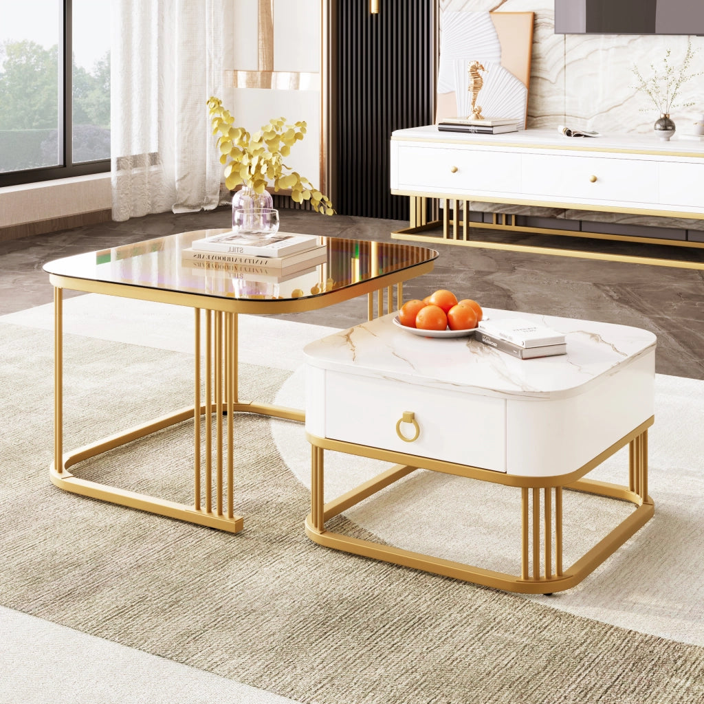 OKWISH Tavolini da Salotto Impilabili Quadrati con 1 Cassetto, Piano Effetto Marmo Lucido e Vetro, MDF, Bianco 60×60×42.5 cm