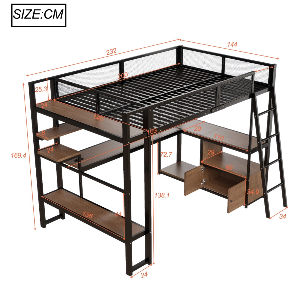 Letto a soppalco 140x200 cm con scrivania; LED e contenitore in MDF e metallo nero