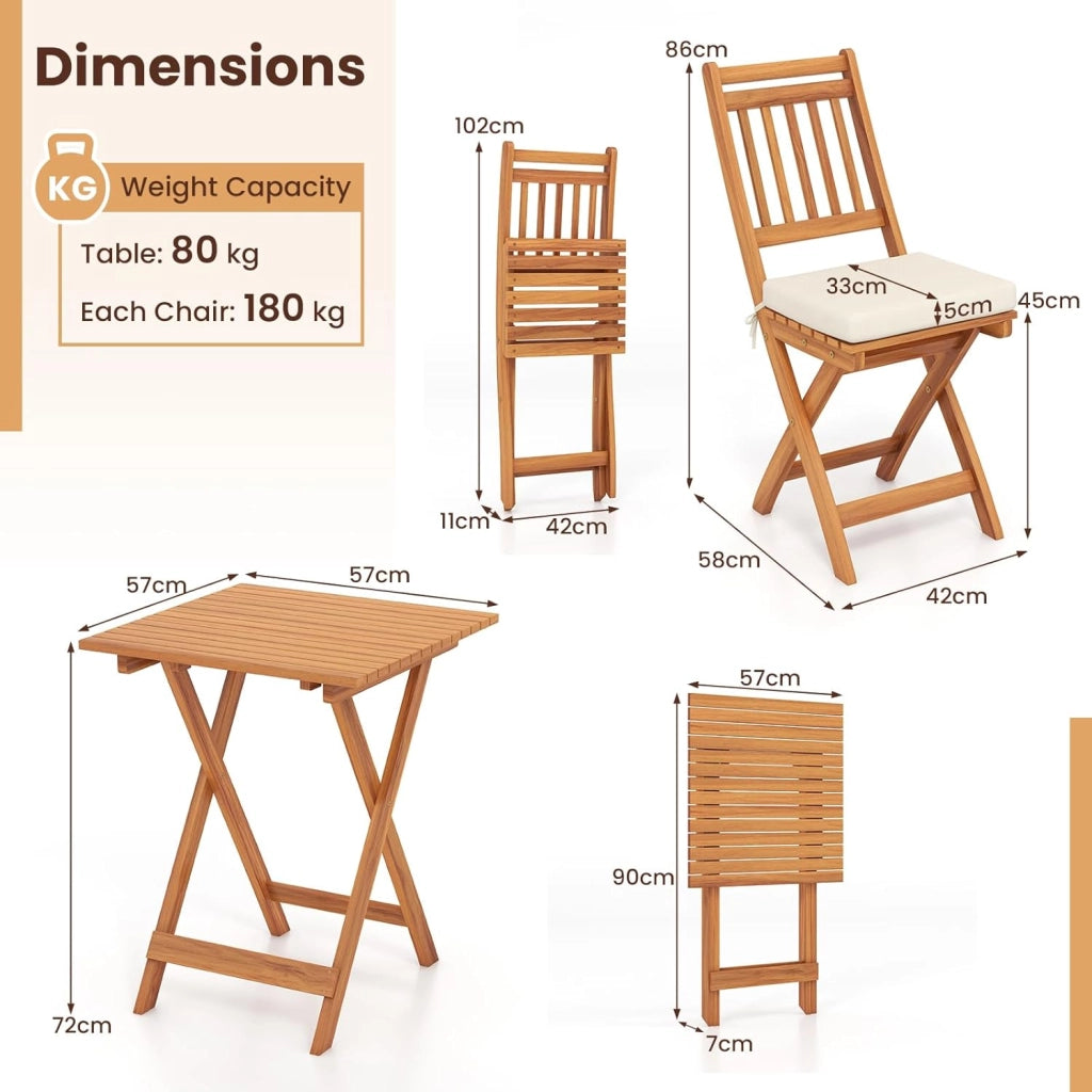 Mobili da balcone piccolo balcone, tavolo da bistrot con 2 sedie, set di mobili da giardino in legno pieghevole, set da balcone per esterni, per 2 persone, set da giardino con cuscino