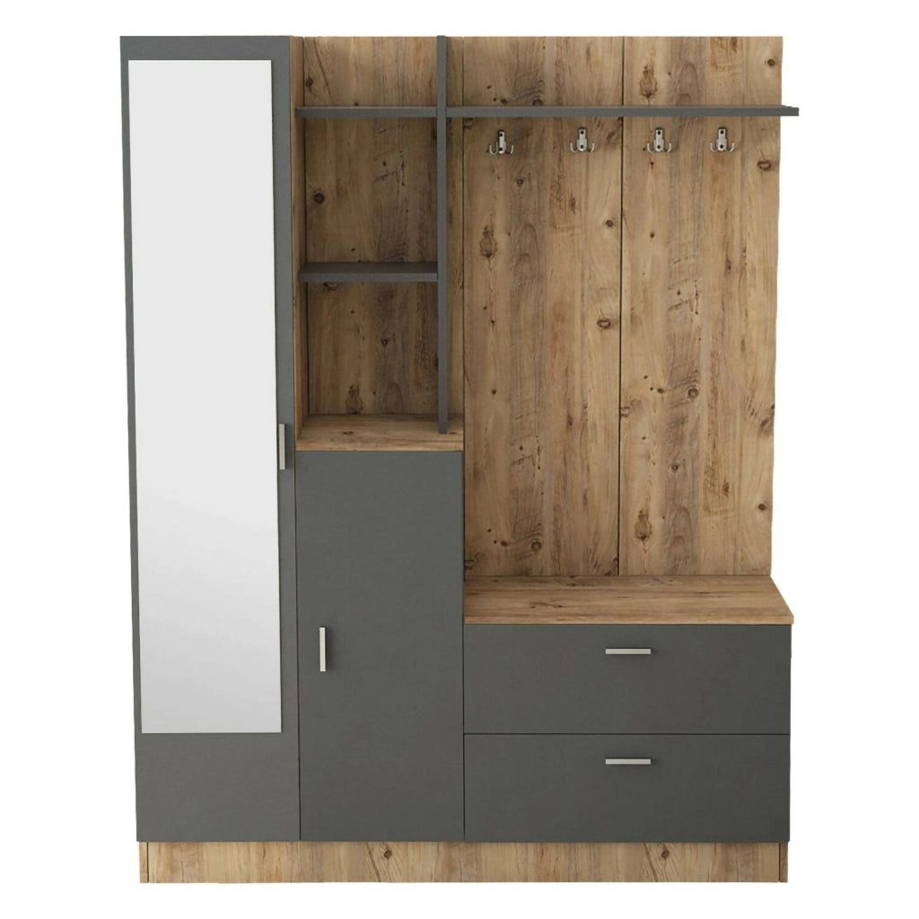 Mobile da ingresso Anumali, Entratina appendiabiti, Composizione per atrio, Consolle portaoggetti multifunzione, 140x37h182 cm, Quercia e Antracite