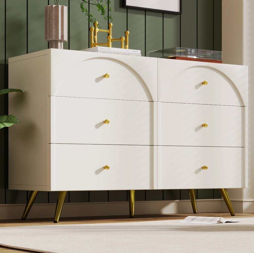 Cassettiera 120x40x85 cm con 6 cassetti; struttura in legno e metallo; crema-bianco