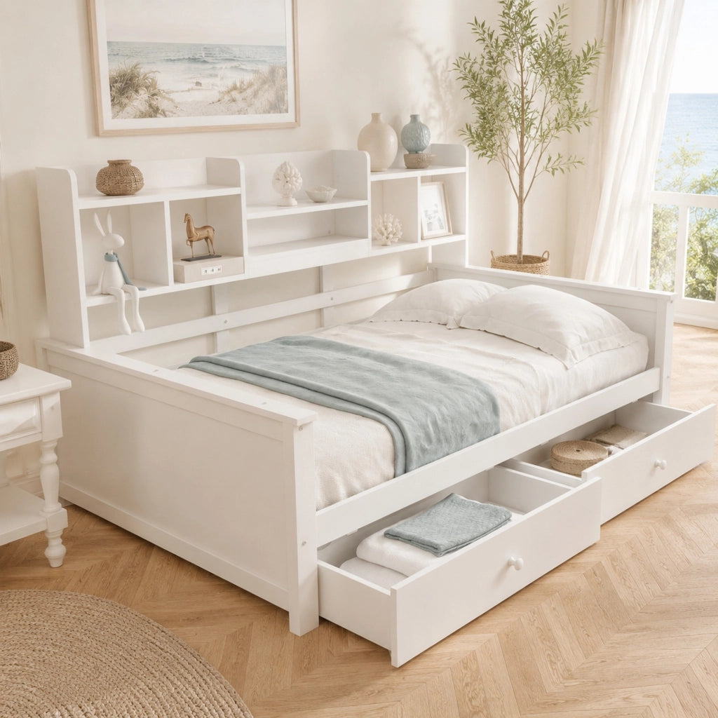 Letto singolo divano 90x200 cm bianco con cassetti