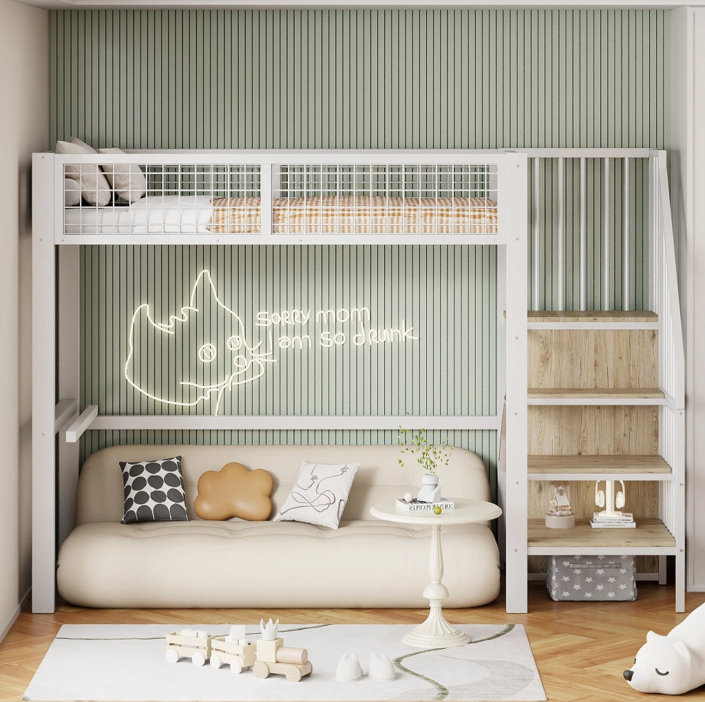 Letto a soppalco 90x200 cm in metallo bianco con scala di sicurezza e armadio integrato