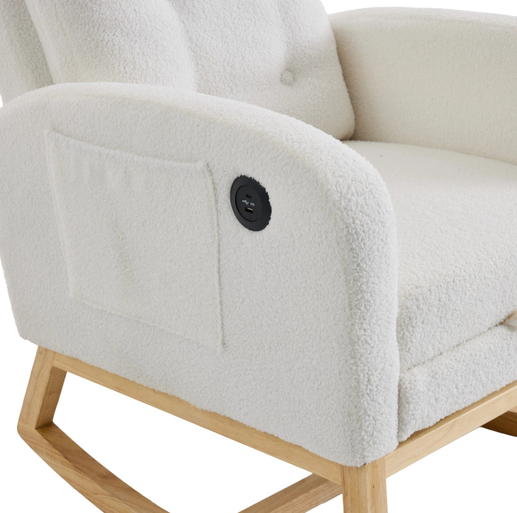 Sedia a dondolo 66.5x121.5x102 cm con poggiapiedi estraibile; tasche laterali; legno; bianco