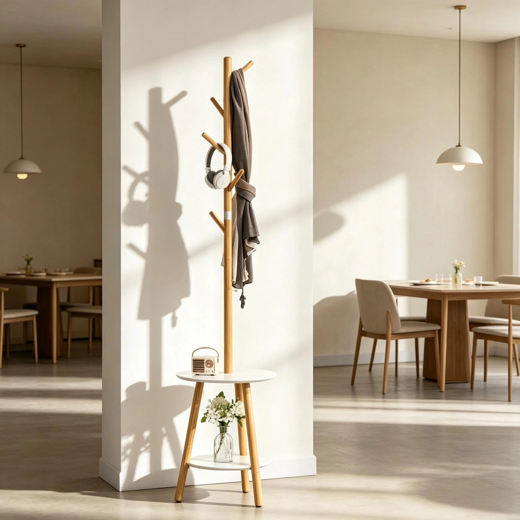 Appendiabiti moderno a terra con ripiano rotondo e ganci verticali, elegante supporto da ingresso, appendiabiti multifunzionale