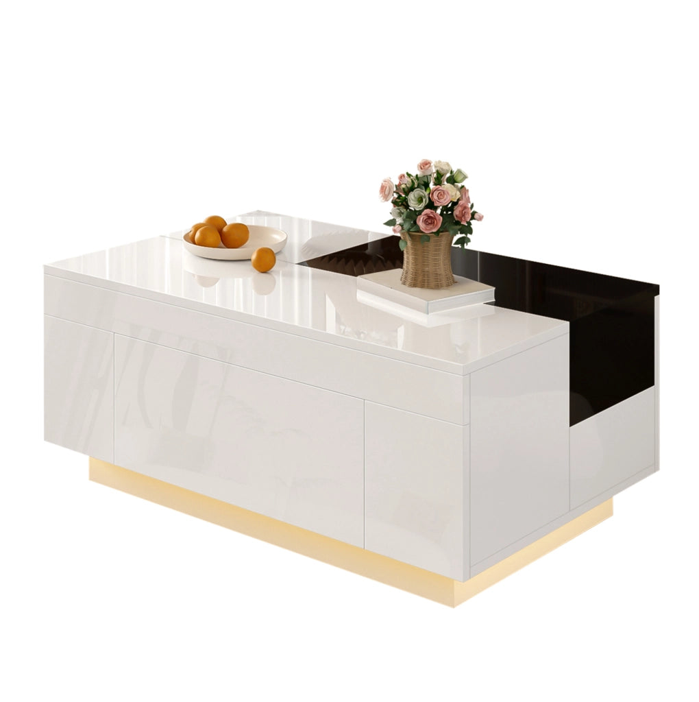 Tavolino da caffè 80x50x35.5 cm con illuminazione LED RGB; piano estraibile; MDF nero e bianco