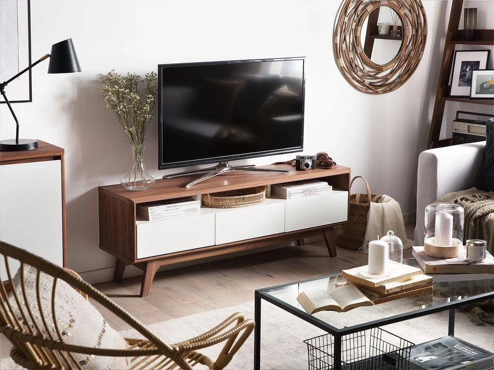 Mobile TV Legno Scuro Bianco Scaffale Portaoggetti Cassetti Passacavi Moderno