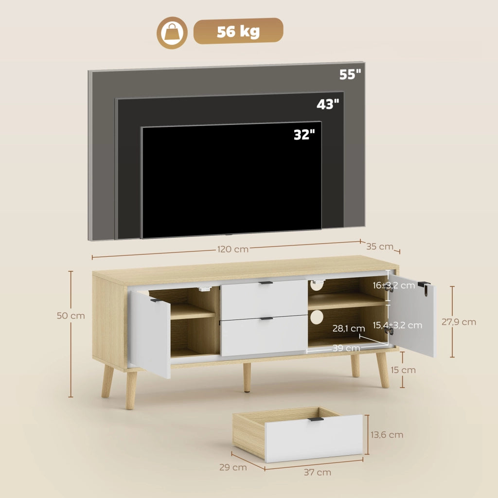Mobile TV con 2 ante e 2 cassetti ¨C zephmum ¨C bianco lucido 120x35x50 cm
