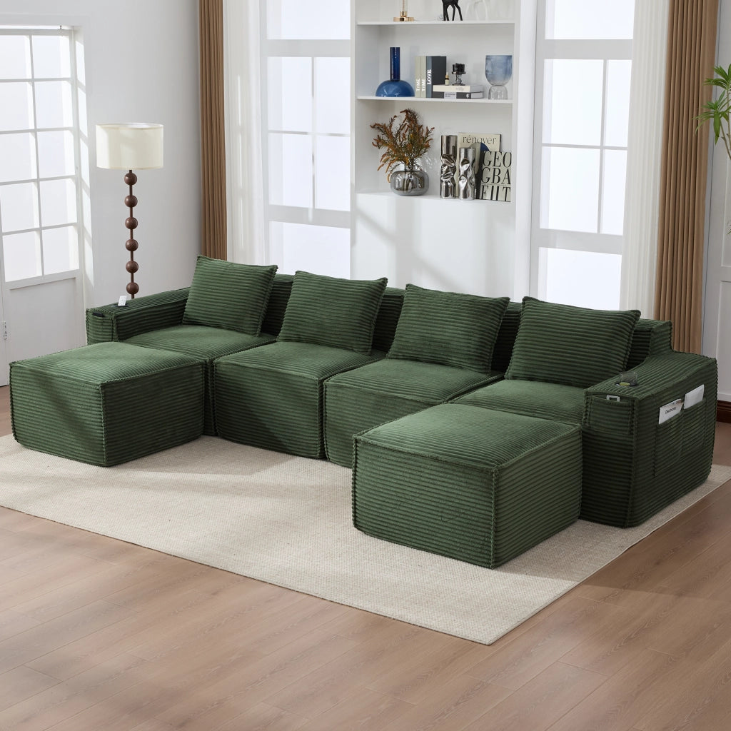 DIVANO modulare 4 posti in corduroy verde con 2 pouf