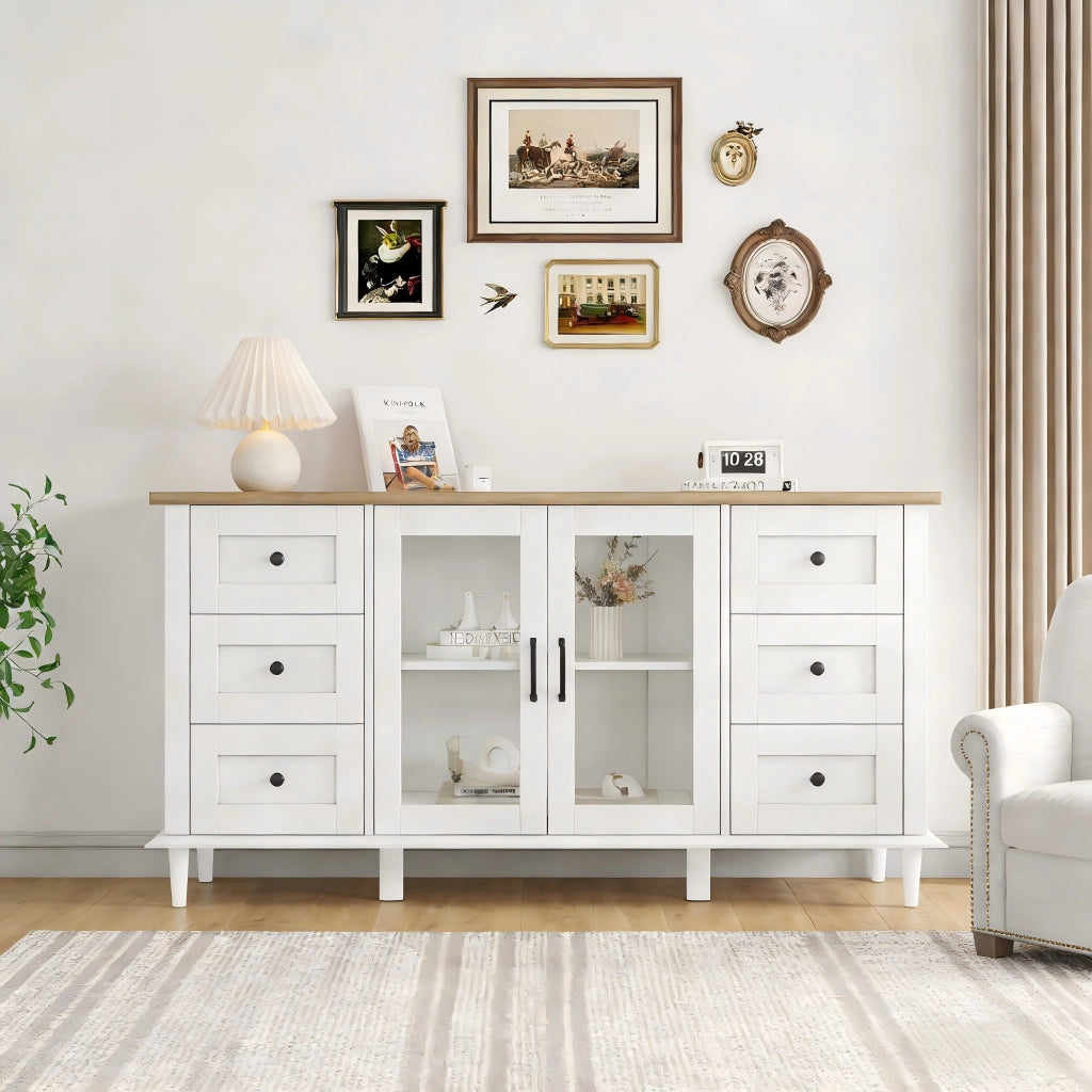 Credenza Soggiorno con LED, 6 Cassetti e 2 Ante ¨C Xylo ¨C Bianco/Legno, 150x40x75 cm