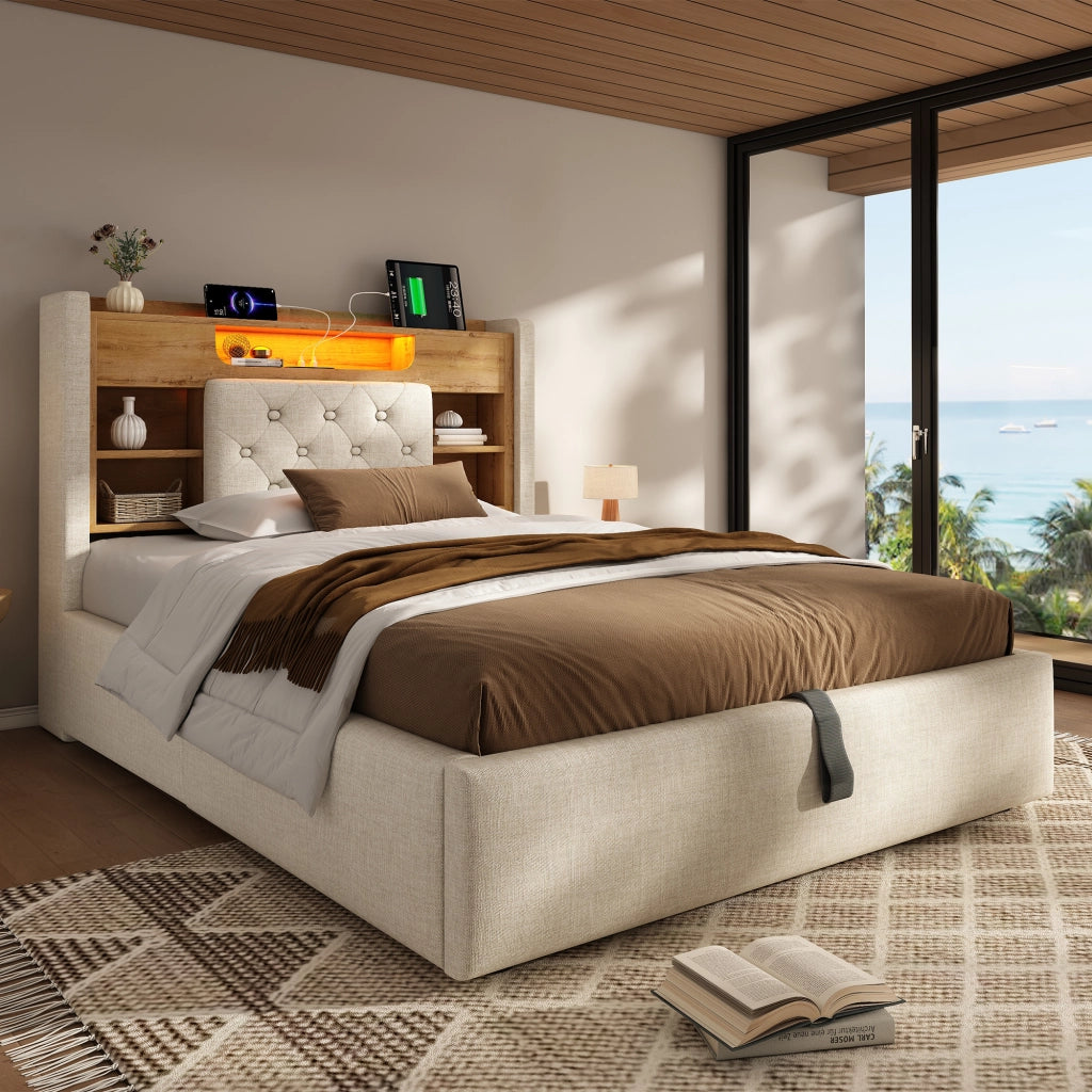 Letto contenitore 90 × 200 cm con illuminazione LED, USB e Type-C, testiera con ripiani, senza materasso, beige