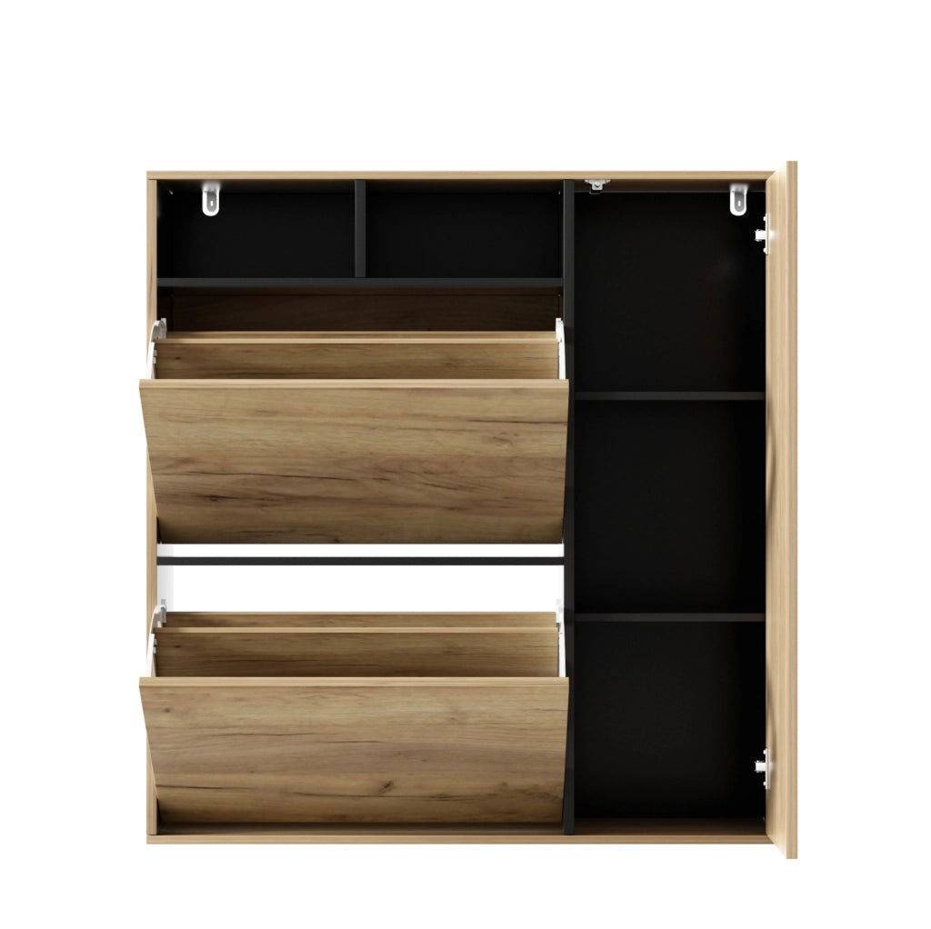 Armadio scarpiere sottile con 2 ribalte e 1 anta, ripiani regolabili, design legno e nero, 90x24x94 cm