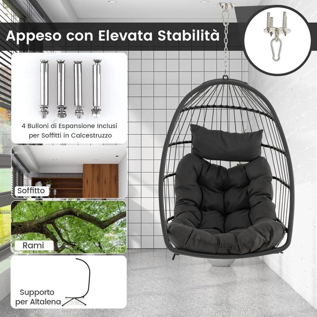Sedia Sospesa a Uovo, Sedia Amaca con Cuscino per Testa e Seduta, Sedia a Dondolo in Vimini da Interno/Esterno, Design Pieghevole Salvaspazio, Capacità 150 kg