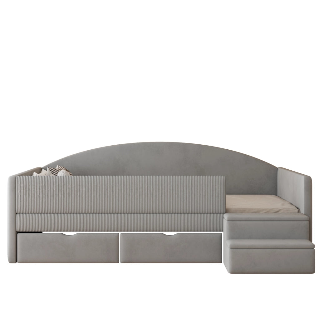 Letto imbottito 90x190 cm con 2 cassetti, sponde protettive e gradini