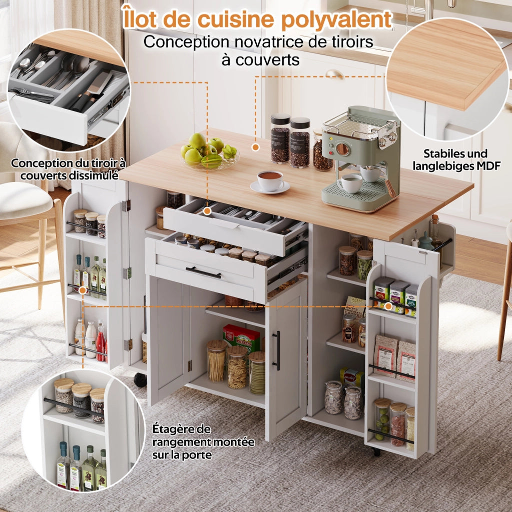 Isola cucina mobile 136x70x92 cm in MDF bianco e naturale con piano allungabile