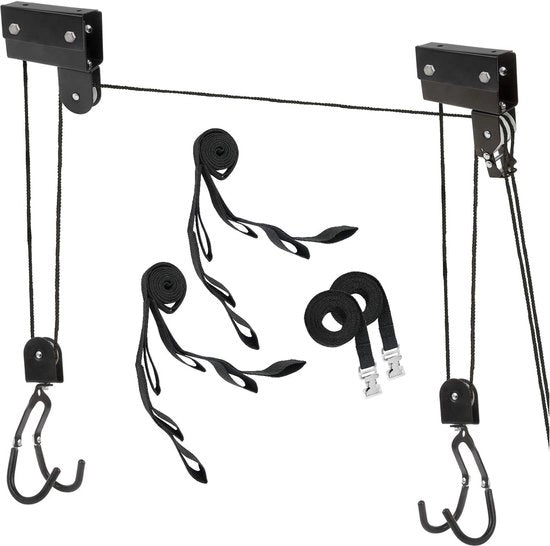 Lettore di biciclette con manovella - PREMIUM 57 kg per installazione a soffitto | incl. 2x cinture di fissaggio con 3 occhielli e 2x cinturoni di regolazione in lunghezza