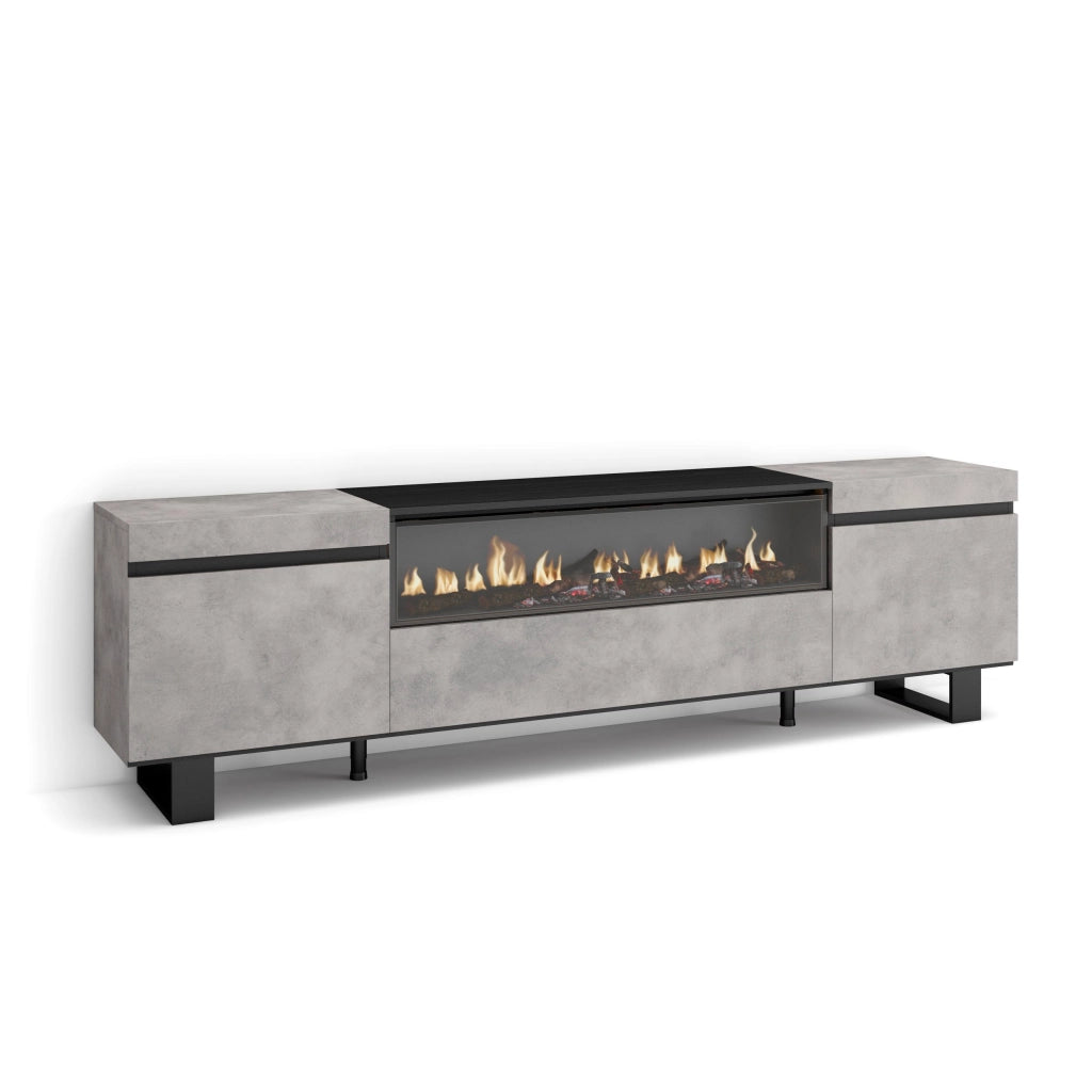 Mobile TV, 200x35x57cm, soggiorno, Per TV fino a 80", Camino elettrico, Design industriale, grigio cemento RF2224