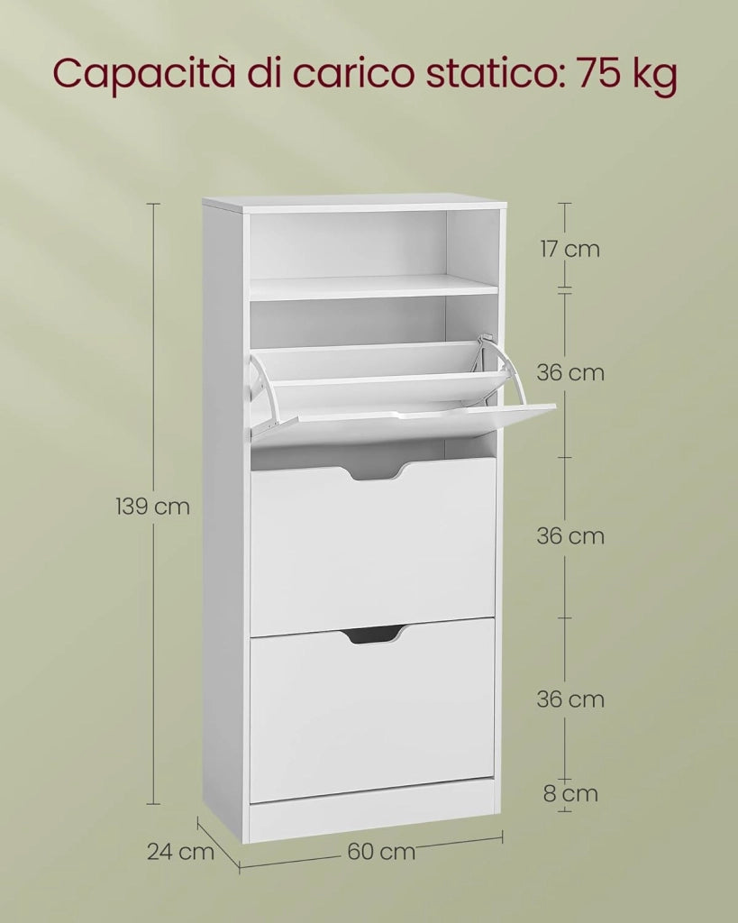 VASAGLE Scarpiera a 3 Ante a Ribalto, Scaffale Portascarpe, Scomparto Aperto, Divisorio Regolabile, 14-18 Paia, per Piccoli Ingressi, 24 x 60 x 139 cm, Bianco Nuvola LBC046W01