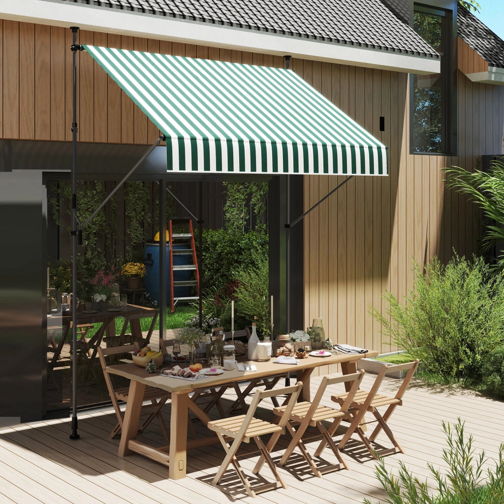 Tenda da Sole 2x1.2 m con Supporti Regolabili e Manovella, in Alluminio, Metallo e Poliestere, Verde e Bianco