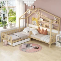 Letto per bambini a forma di casetta con cassetti e scaffali, senza materasso, 90x200 cm + 140x70 cm,naturale