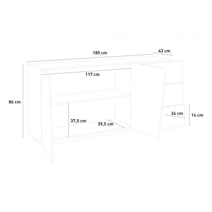 Credenza VEGA: Moderna con 2 ante a battente e 3 cassetti, colore bianco lucido 180.