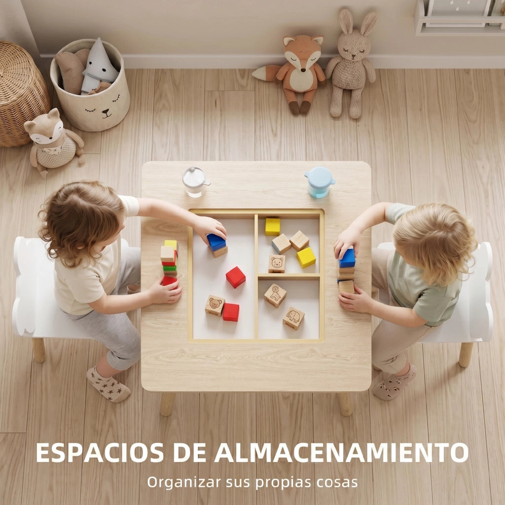 Set Tavolo e 2 Sedie per Bambini ¨C Xylo ¨C Legno Naturale e Bianco con Cassetti 60x60x44 cm
