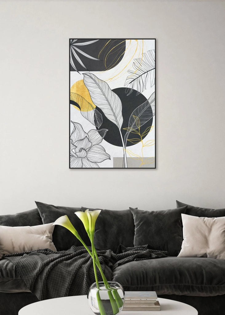 Quadro Hispanohogar in poliestere foglie nero bianco e dorato 92x62